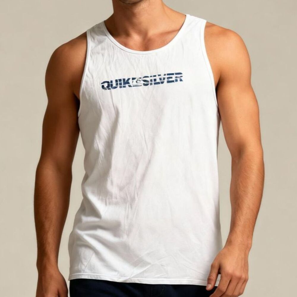 Mens 1990s Y2K Vintage White Sleeveless Grunge Quicksilver Tee Shirt T-shirt